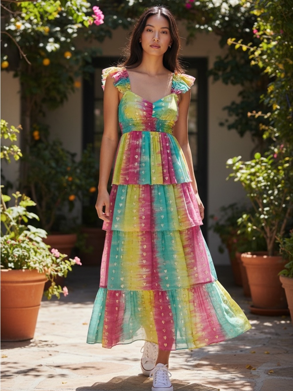 SAYLOR Tiered Rainbow Tie-Dye Maxi Dress with Metallic Hearts